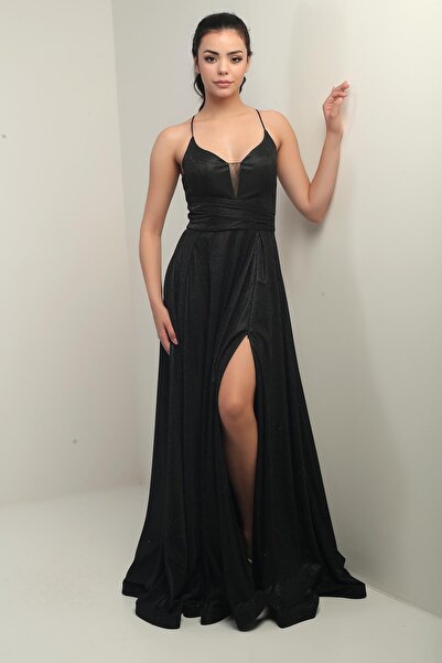 By Saygı Lined Glitter Long Evening Dress with Rope Straps