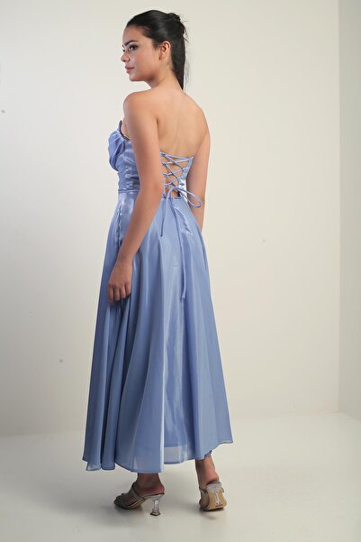 By Saygı Γυναικείο Degaje Στράπλες Γιακά Φόδρα Οργάντζα Σατέν Μίντι Φόρεμα