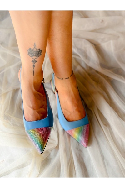 BERFONA СЕНДРЕЛЛА СИНІЙ ШКІРЯНИЙ З БЛИСКУЧИМИ ДЕТАЛЯМИ 5 СМ КАБЛУКОВІ САНДАЛІ