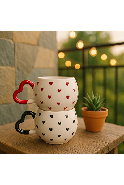 SırART 2 ' Li Kalp Kulp Küçük Çoklu KIRMIZI - SİYAH KALP ' Lİ ÖZEL KABARTMALI EL İŞLEMELİ SERAMİK KUPA