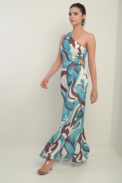 By Saygı Women's One Shoulder Side Window Abstract Pattern Long Crepe Satin Dress