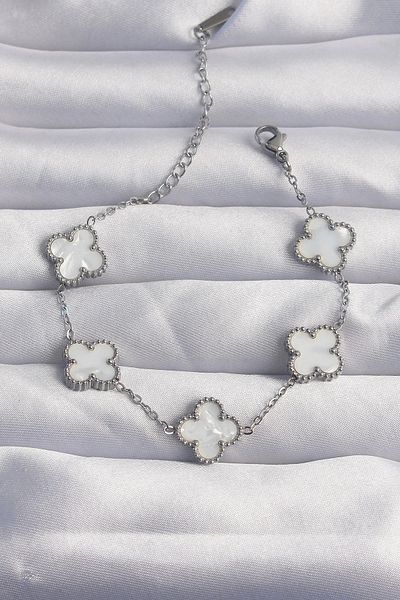 NETWORK ART Bfs 316L Steel Silver Color White Pearlescent Clover Bracelet