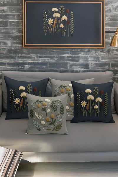Bertille Home Double Side Digital Printed Set of 4 Throw Pillow Covers (Punch/Punch Embroidery Pattern Look)
