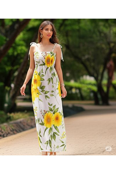 Modabenna Long Summer Dress with Rope Strap Chest Part Gipeli Midi Cotton Linen Comfortable Loose