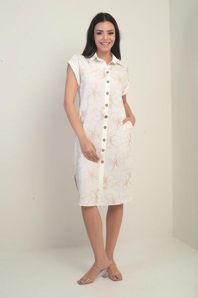 By Saygı Women's Short Sleeve Shirt Dress with Side Slits and Pocket with Lanyard