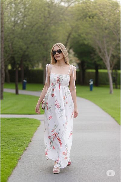 Modabenna Long Summer Dress with Rope Strap Chest Part Gipeli Midi Cotton Linen Comfortable Loose