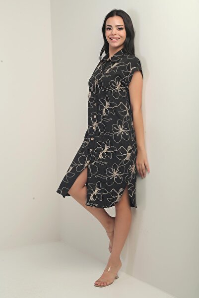 By Saygı Women's Short Sleeve Shirt Dress with Side Slits and Pocket with Lanyard