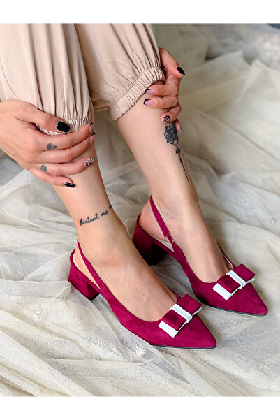 BERFONA Pari̇ Bordo Cow Suede Bow 5 cm Heel Sandals Shoes