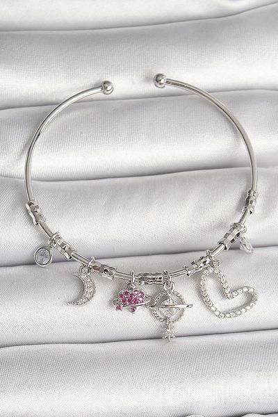 NETWORK ART Bfs Brass Silver Color Dangle Zircon Stone Planet Figure Heart Detail Charm Women's Bracelet