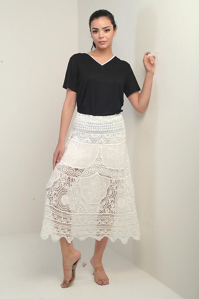 By Saygı Women's Elastic Waist Lined Lace Fisto Midi Skirt