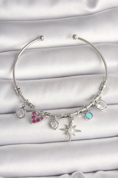 Epilons سوار نسائي من Bfs مصنوع من النحاس الفضي اللون متدلي من حجر الزركون عل...