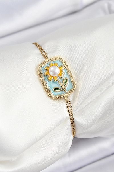 NETWORK ART Bfs 316L Steel Chain Turquoise Enamel Artistic Portrait Pearl Detailed Daisy Model Gold Color Women's Bil