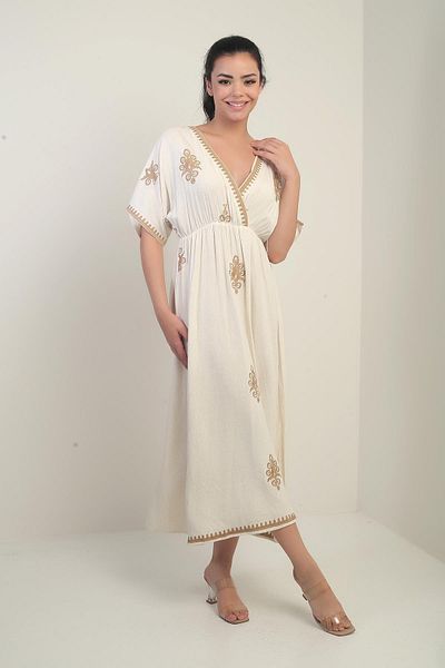By Saygı Women's Double Breasted Collar Lace-Up Back Embroidered Long Dress