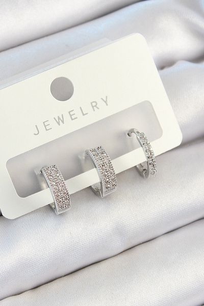 Toptan Bulurum Brass Zircon Stone Hoop Model Silver Color 3-Piece Double Women's Earring Set