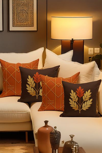 Bertille Home Double Side Digital Printed Set of 4 Throw Pillow Covers (Punch/Punch Embroidery Pattern Look)