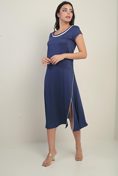 By Saygı Kadın Madonna Yaka Biye Detaylı Yırtmaçlı Kristal Uzun Elbise