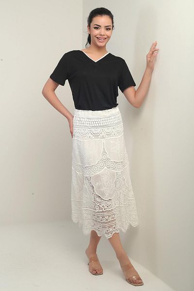 By Saygı Women's Elastic Waist Lined Lace Fisto Midi Skirt