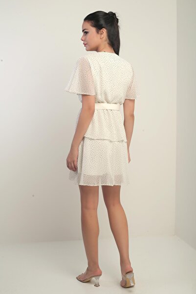 By Saygı Women's Double Breasted Collar Waist Belted Lined Spotted Layered Chiffon Short Dress