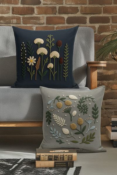 Bertille Home Double Side Digital Printed Set of 4 Throw Pillow Covers (Punch/Punch Embroidery Pattern Look)