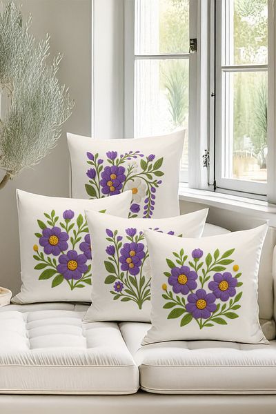 Bertille Home Double Side Digital Printed Set of 4 Throw Pillow Covers (Punch/Punch Embroidery Pattern Look)