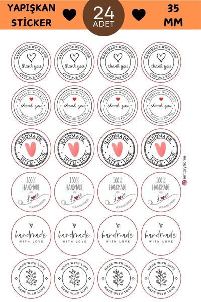 Emtory Home 24 Adet - Beyaz Handmade Love Kolaj Sticker - Paketleme Sticker -...