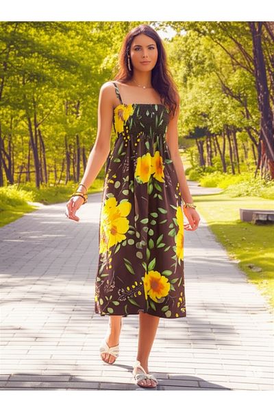 Modabenna Long Summer Dress with Rope Strap Chest Part Gipeli Midi Cotton Linen Comfortable Loose