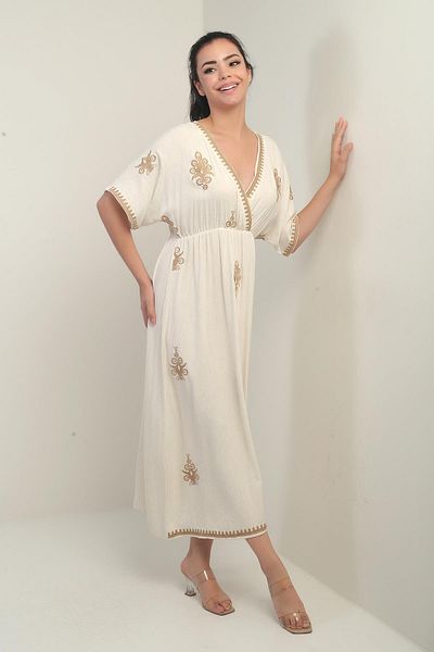 By Saygı Women's Double Breasted Collar Lace-Up Back Embroidered Long Dress