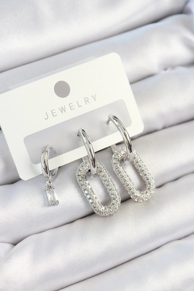 Belle Fusion BFS نحاس زركون حجر مستطيل نموذج فضي اللون 3 قطع زوجين أقراط نسائ...