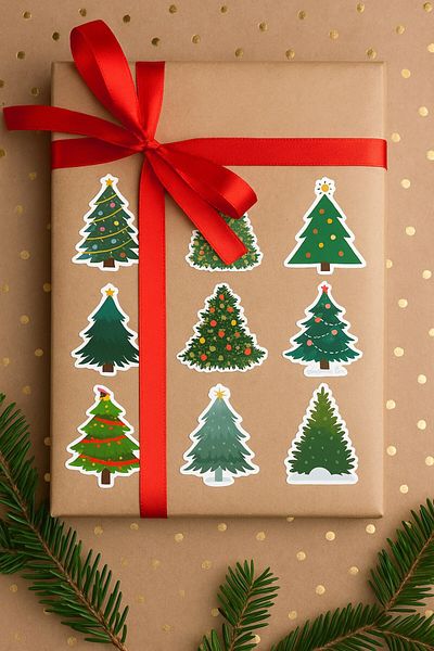 Emtory 9 Pieces - Pine Tree Sticker - New Year's Sticker - New Year's Gift Packaging - New Year's Ornament - Gift Pake