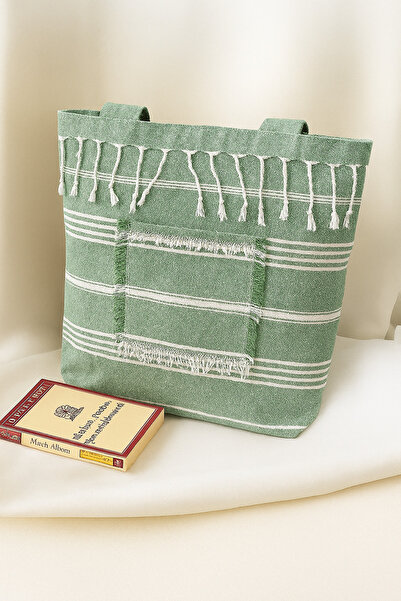 BLUGRIN حقيبة الشاطئ واليومية النسائية – مزينة بشراشيب وتفاصيل جيب |   أخضر