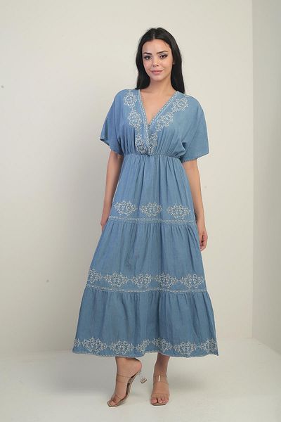 By Saygı Women's Double Breasted Collar Lace up Back Elastic Waist Bat Sleeve Embroidered Long Dress