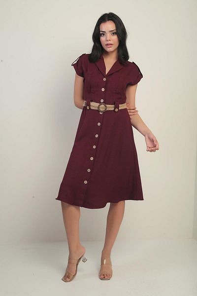 By Saygı Rochie de damă cu guler fără umăr, cu buzunare duble, cu centură, cu efect de in