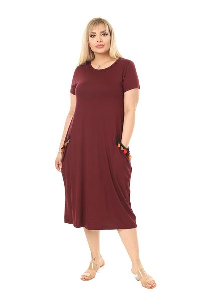 MELSAY Rochie midi cu mâneci scurte pentru damă, roșu Claret, cu buzunare, cu detaliu de ciucuri