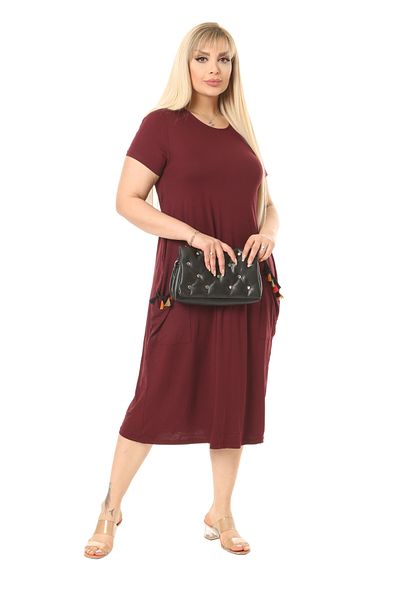 MELSAY Rochie midi cu mâneci scurte pentru damă, roșu Claret, cu buzunare, cu detaliu de ciucuri