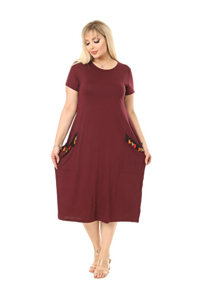 MELSAY Γυναικείο κοντομάνικο μπορντό φόρεμα με φούντα με λεπτομέρεια