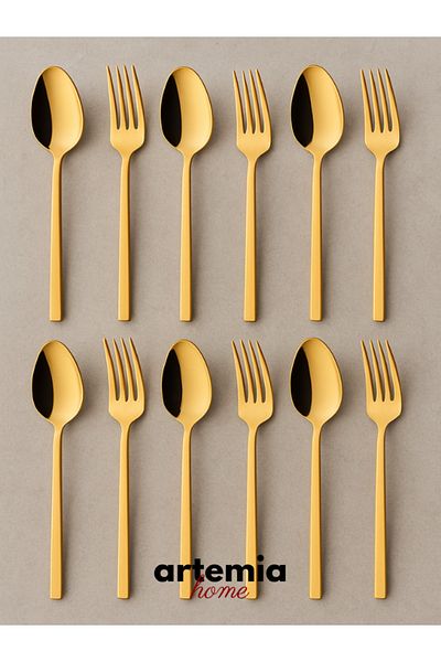 DMR LİFE Forever Gold 12 Pieces |   Dessert Spoon Fork Set |   Titanium Plating |   18/10 Stainless Steel
