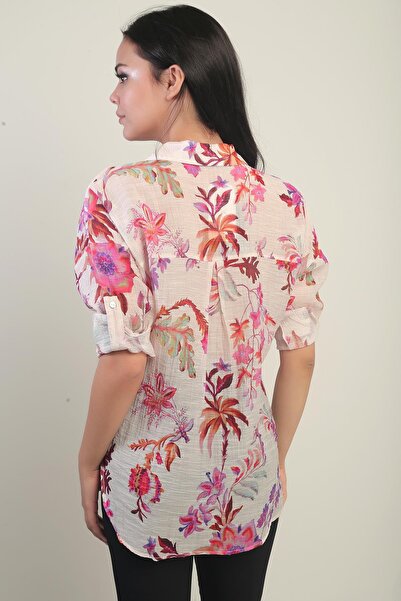 By Saygı Women's Floral Patterned Sleeve Fold Shirt