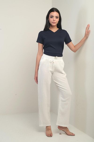 By Saygı Women's Muslin Palazzo Elastic Waist Pocket Trousers