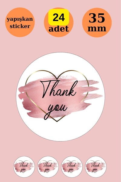 Emtory Home 24 Adet - Thank You Kalpli Pembe Gold Sticker - Teşekkür Sticker ...