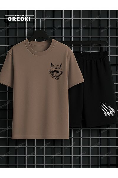 EFFRENATU Scary Wolf Printed Cotton Men's Light Brown T-Shirt-Black Shorts Set