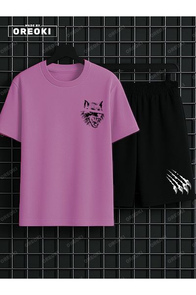 EFFRENATU Scary Wolf Printed Cotton Men's Pink T-Shirt-Black Shorts Set