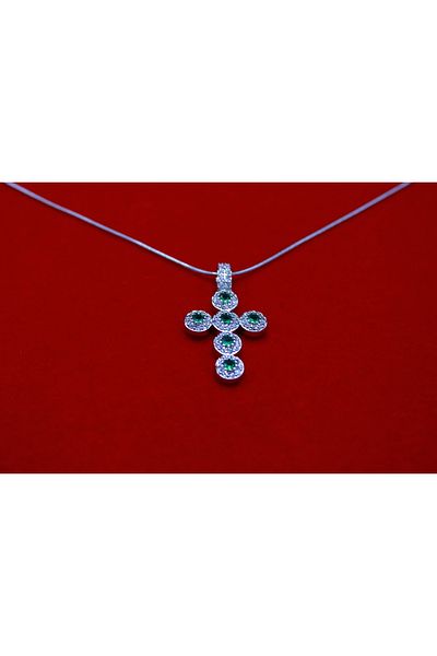 Brand. Silver-Tone Cross Necklace with Green & White Gemstones – Elegant Religious Jewelry