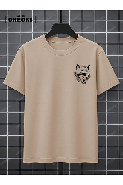 EFFRENATU Scary Wolf Printed Cotton Men's Beige T-Shirt-Black Shorts Set