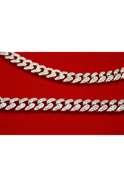 Brand. Gold-Tone Iced Cuban Link Necklace and Bracelet Set – Unisex Bling Jewelry