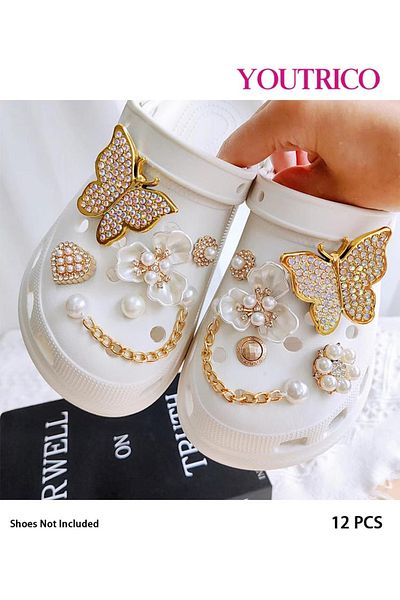 Youtrico 12pcs New Pearl and Rhinestone Jibbitz Charms for Slipper Ornament