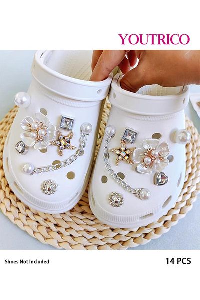 Youtrico 14pcs New Pearl and Rhinestone Jibbitz Charms for Slipper Ornament