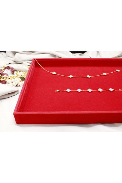 Brand. Gold Clover Jewelry Set – Powder Pink Enamel Necklace & Bracelet