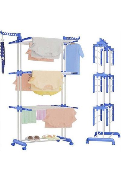 Generic Three Layers Of Clothes Hanger, Adjustable Stainless Steel Hanger With Folding Wings For Indoor And