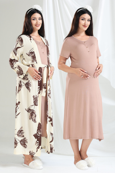 Lohussa Σετ νυχτικών με μοτίβο Dusty Rose Special Design 100% βαμβακερό καλοκ...