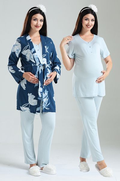 Lohussa Set de pijamale de vară pentru maternitate, 100% bumbac, cu model de magnolie albastră